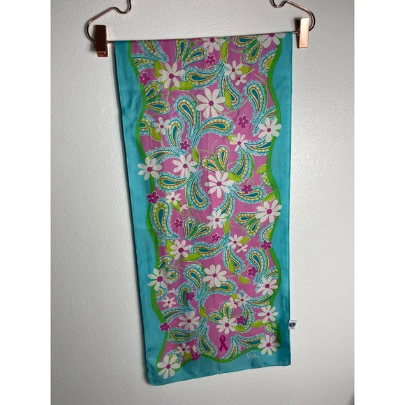 Lilly Pulitzer Ford 2004 Womens Silk Paisley Scarf Bandana Awareness Cancer Pink - Picture 2 of 11